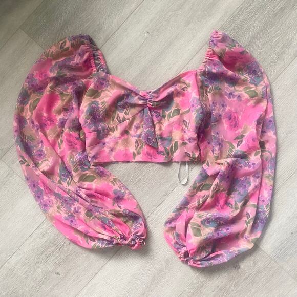 For Love & Lemons Trisha Crop Top Pink Multicolor Sweetheart Puff Sleeves Medium - Picture 9 of 9